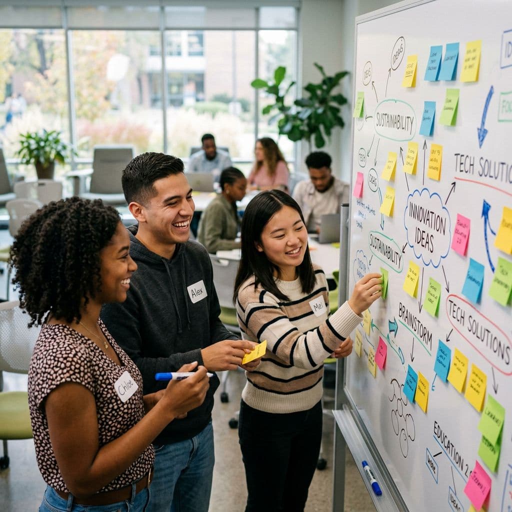 A diverse group of students collaborating on a project, showcasing innovation and teamwork, in a modern classroom setting.
